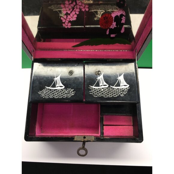 Vintage Japanese Lacquered Music Jewelry Box with Key Black 1950s - Sound Works - Picture 14 of 16